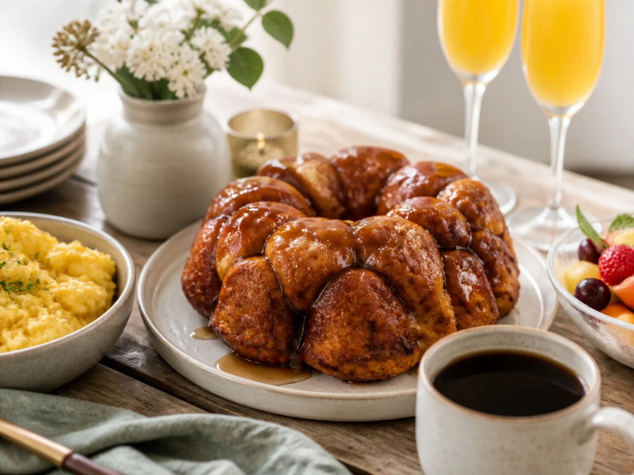 monkey bread served with fresh coffee, scrambled eggs, fruit salad and mimosas
