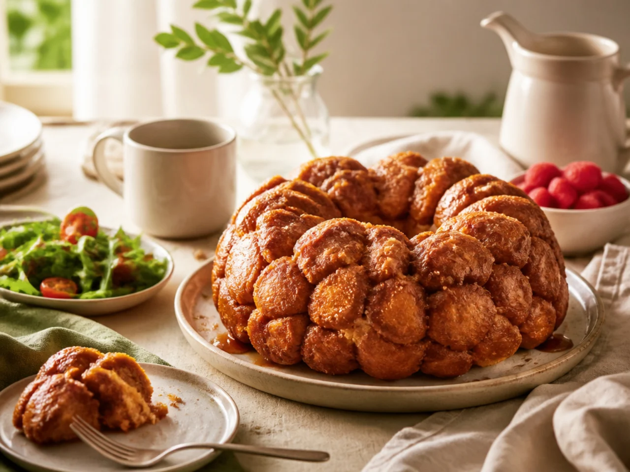 monkey bread served family-style on a cozy table