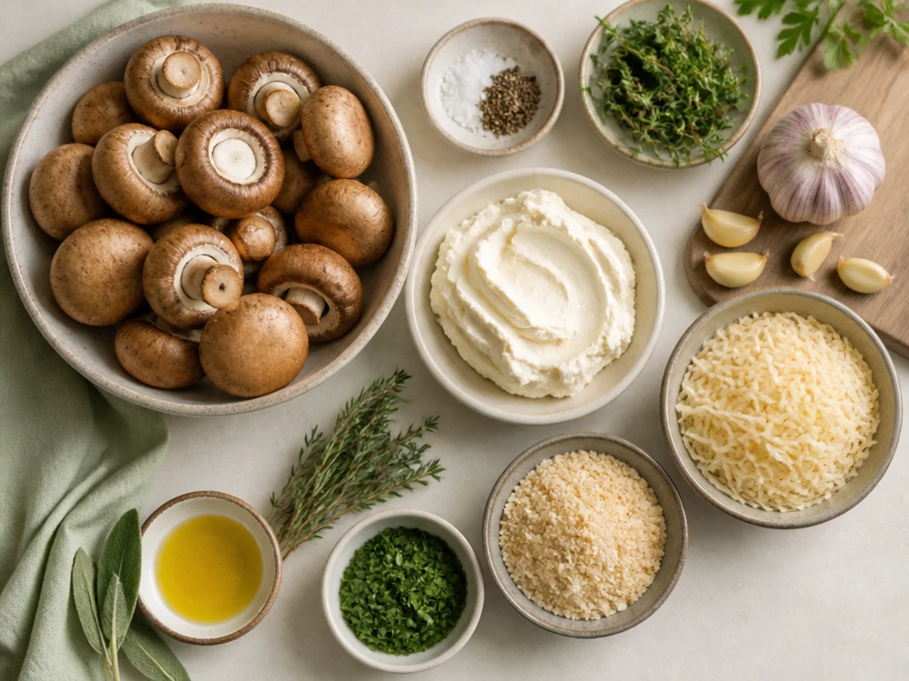 Fresh ingredients for stuffed mushrooms arranged in bowls