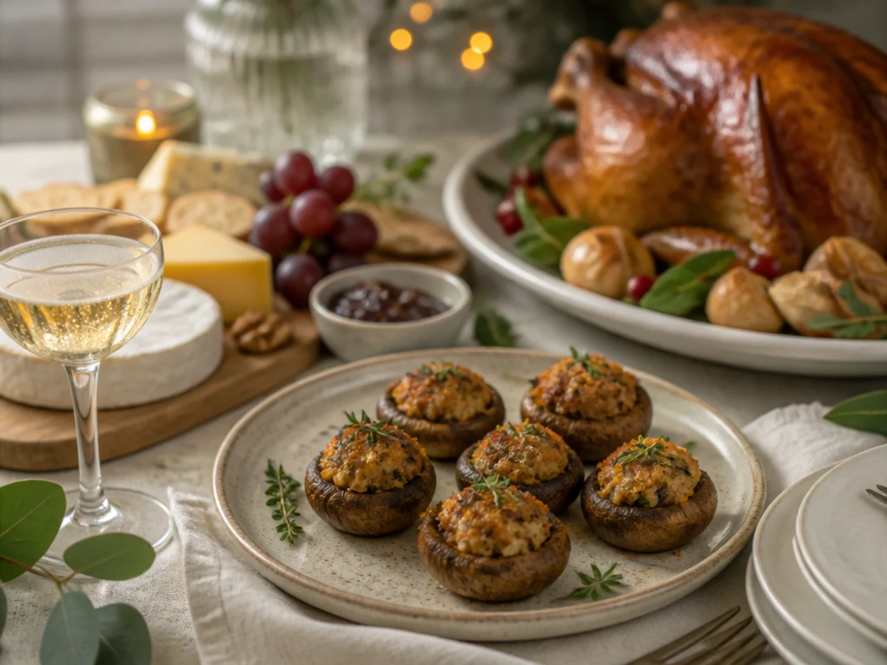 stuffed mushrooms served with a holiday roast, a cheese board and sparkling wine