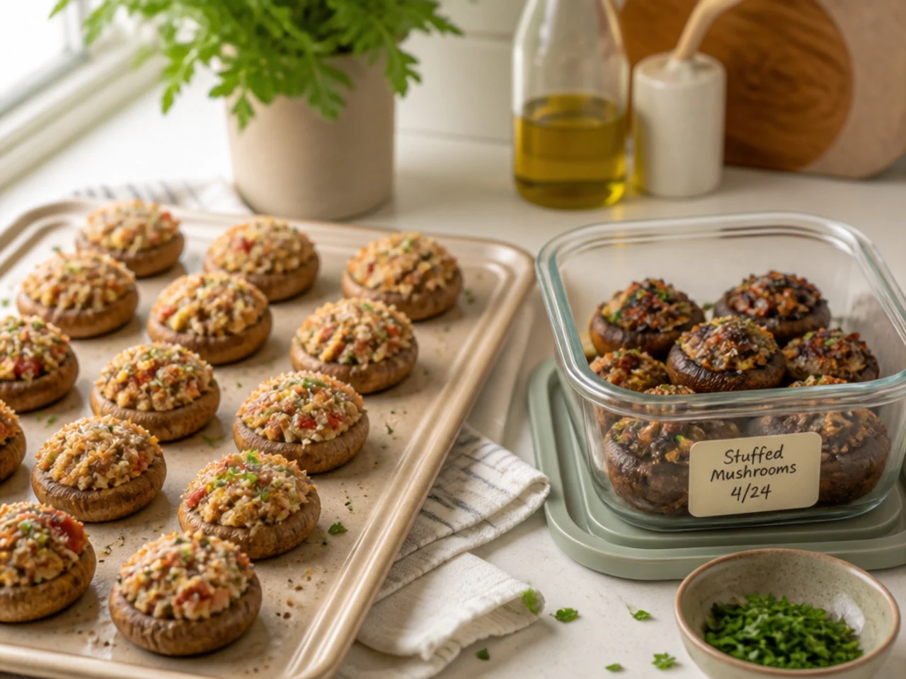 Make-ahead storage of stuffed mushrooms in containers