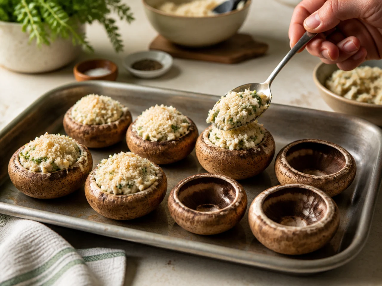 Step-by-step process shot for stuffed mushrooms
