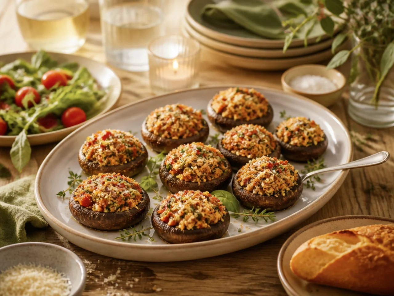 stuffed mushrooms served family-style on a cozy table