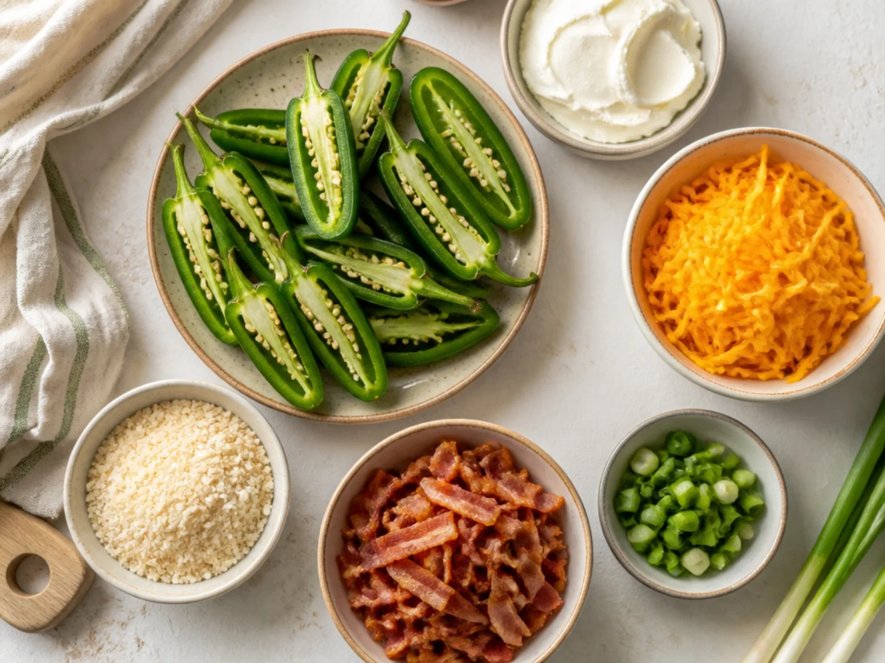 Fresh ingredients for jalapeno poppers arranged in bowls