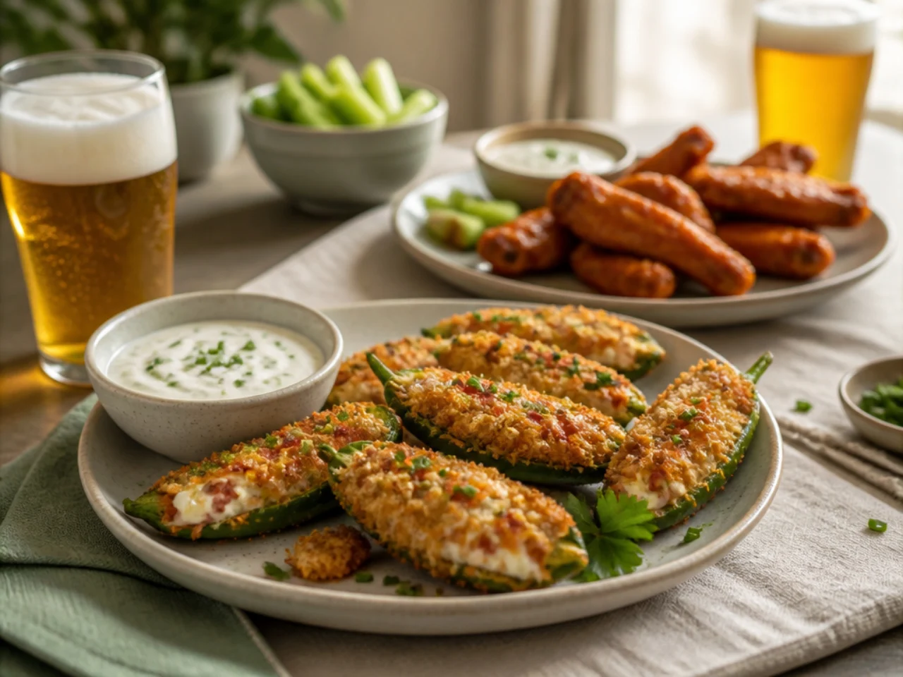 jalapeno poppers served with cool ranch or blue cheese dip, wings and cold drinks