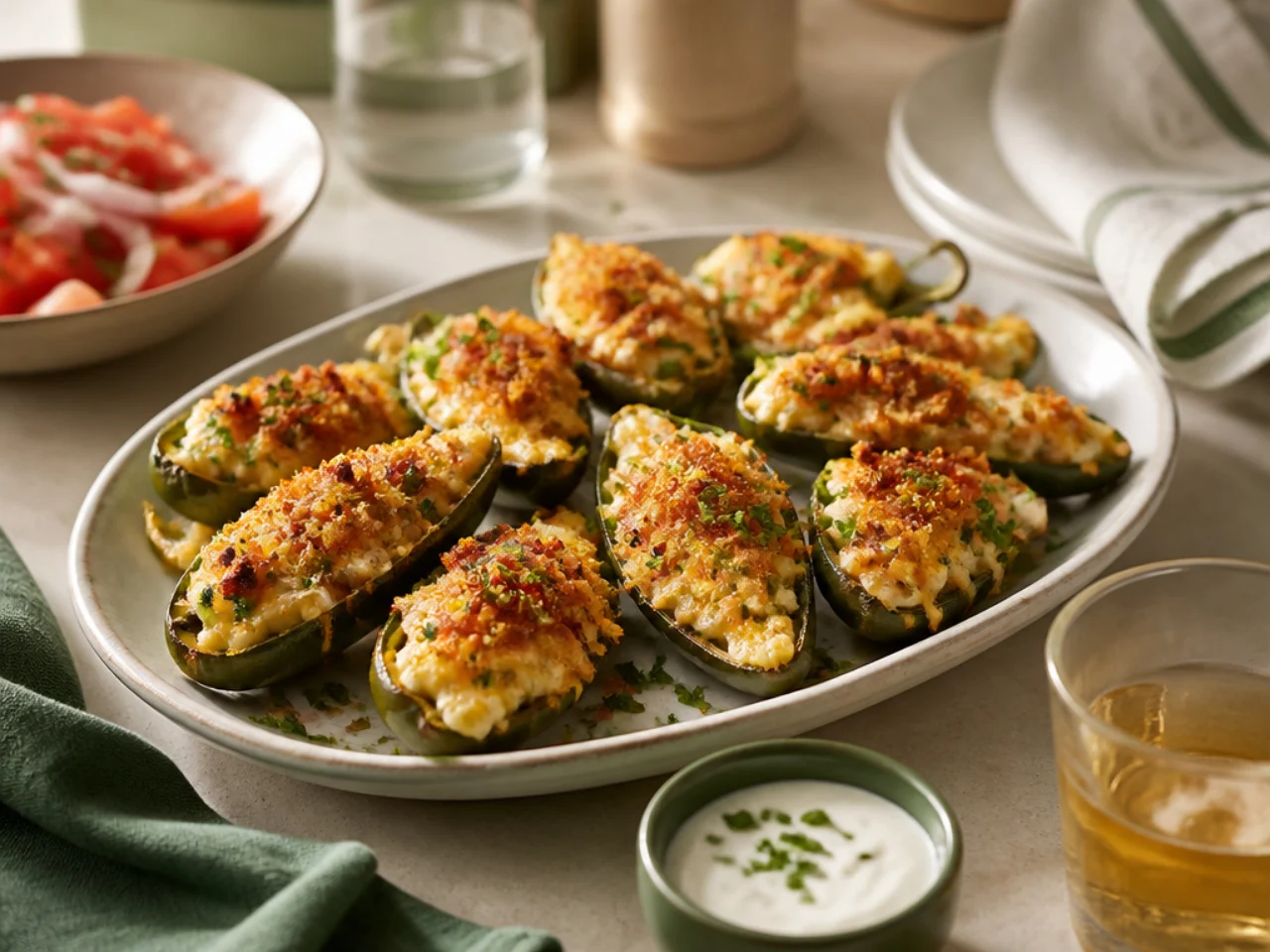 jalapeno poppers served family-style on a cozy table