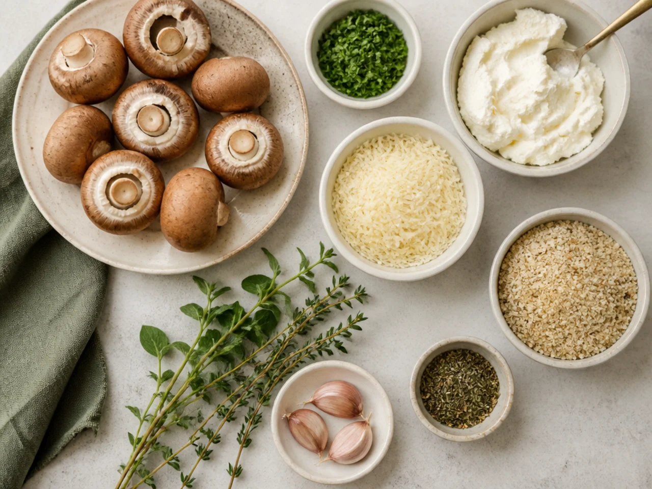 Fresh ingredients for stuffed mushrooms arranged in bowls