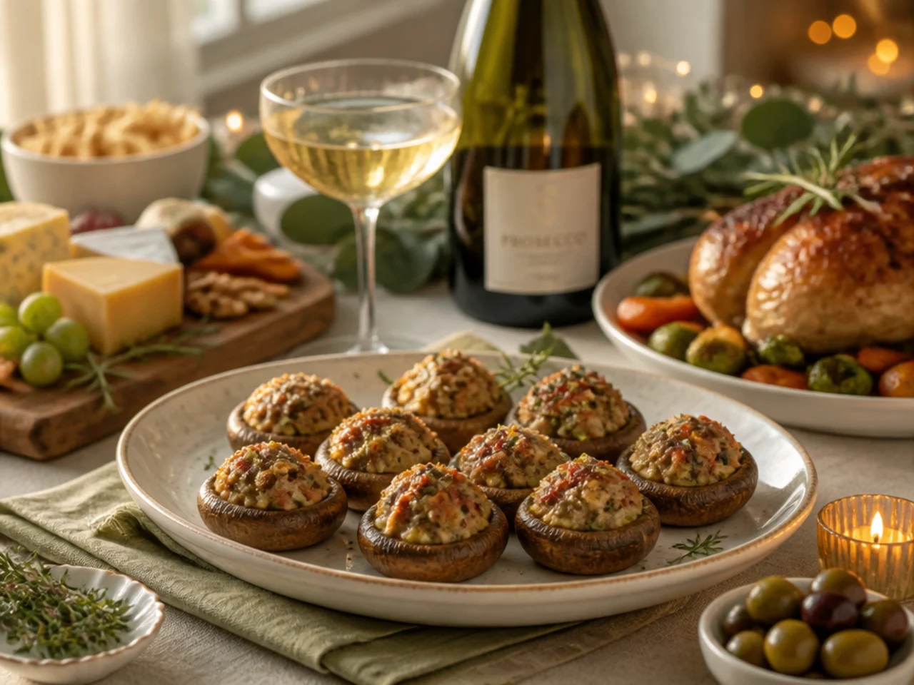 stuffed mushrooms served with a holiday roast, a cheese board and sparkling wine