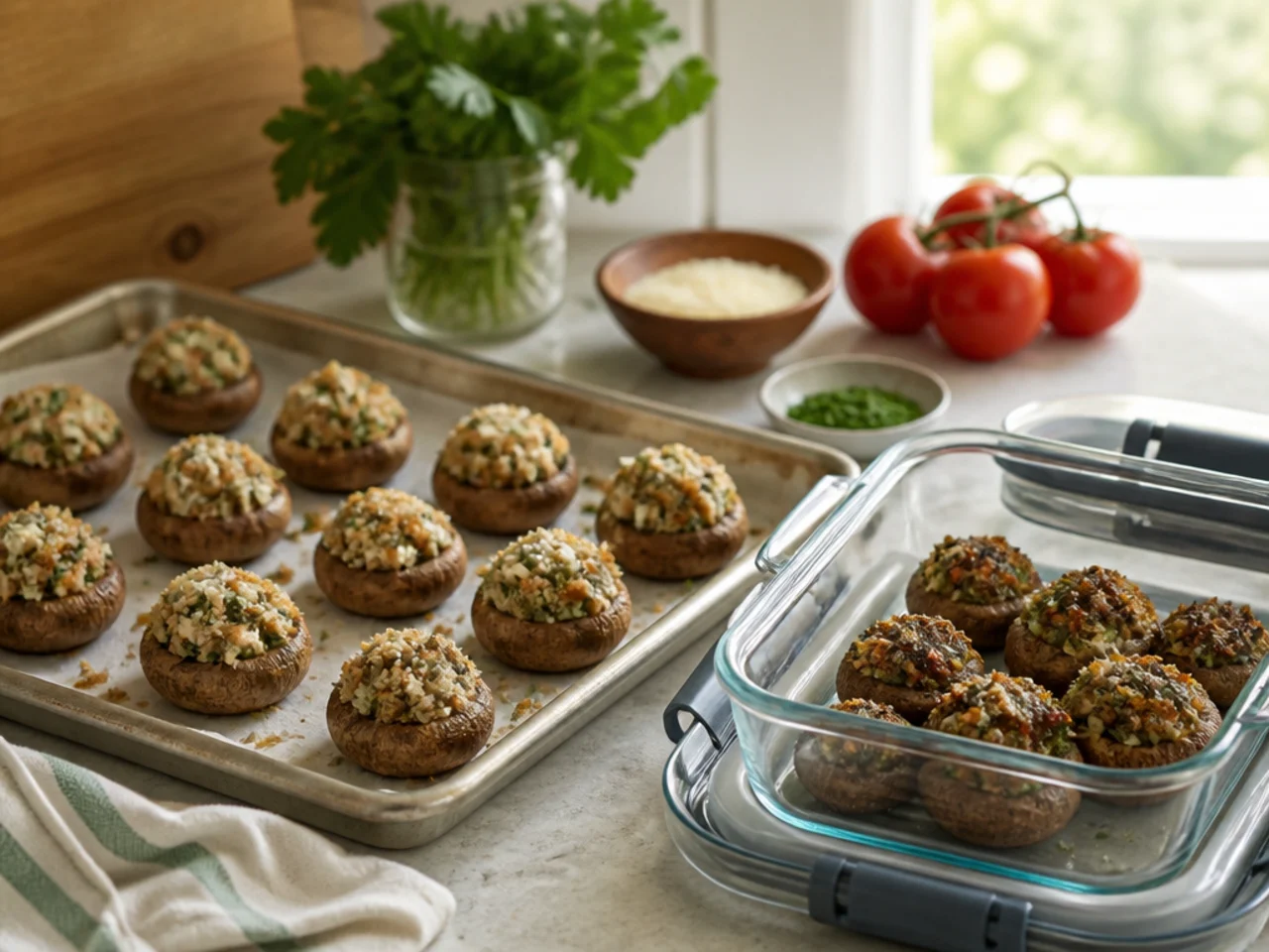 Make-ahead storage of stuffed mushrooms in containers