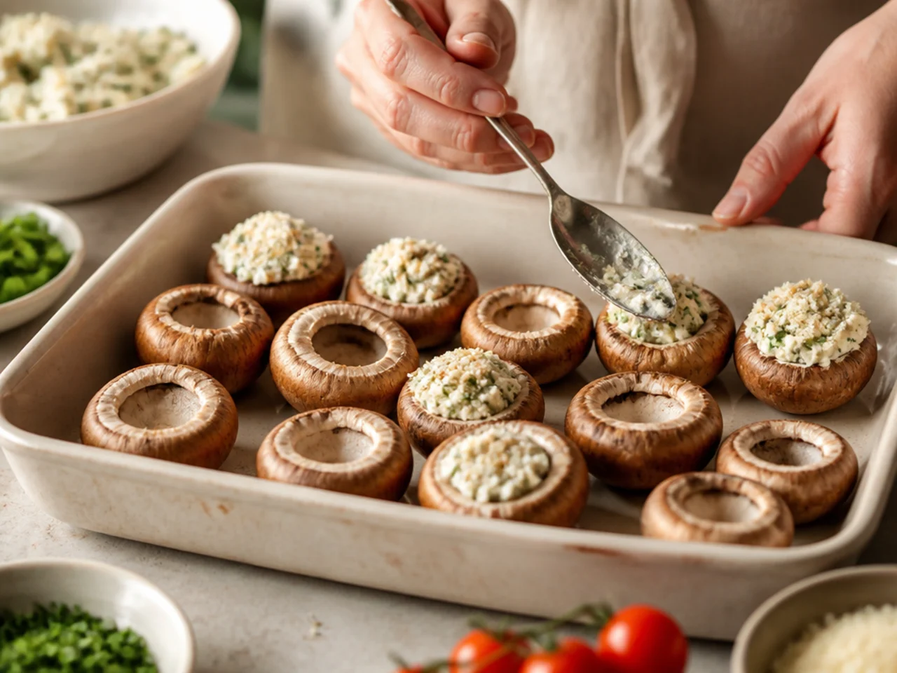 Step-by-step process shot for stuffed mushrooms
