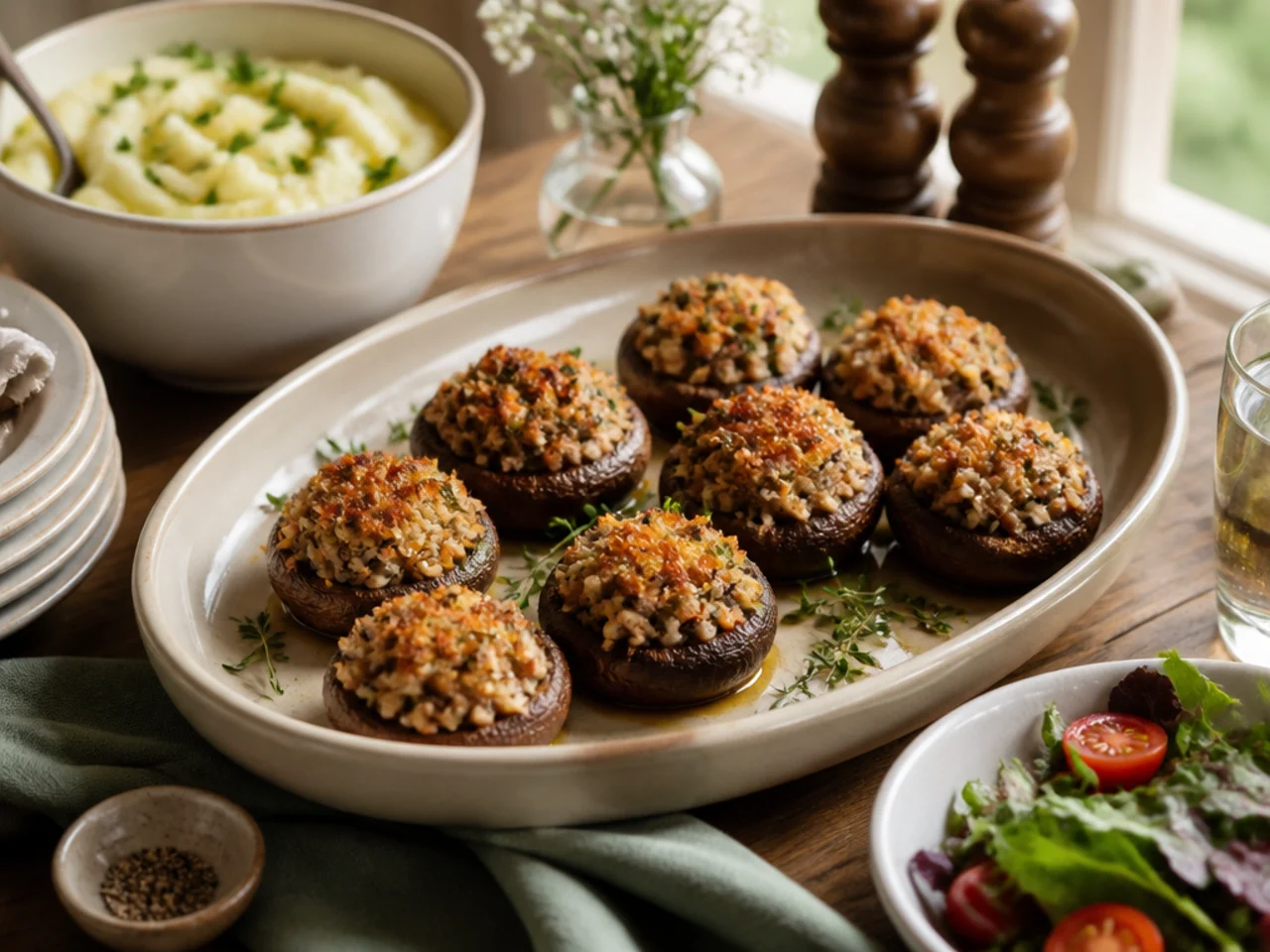 stuffed mushrooms served family-style on a cozy table