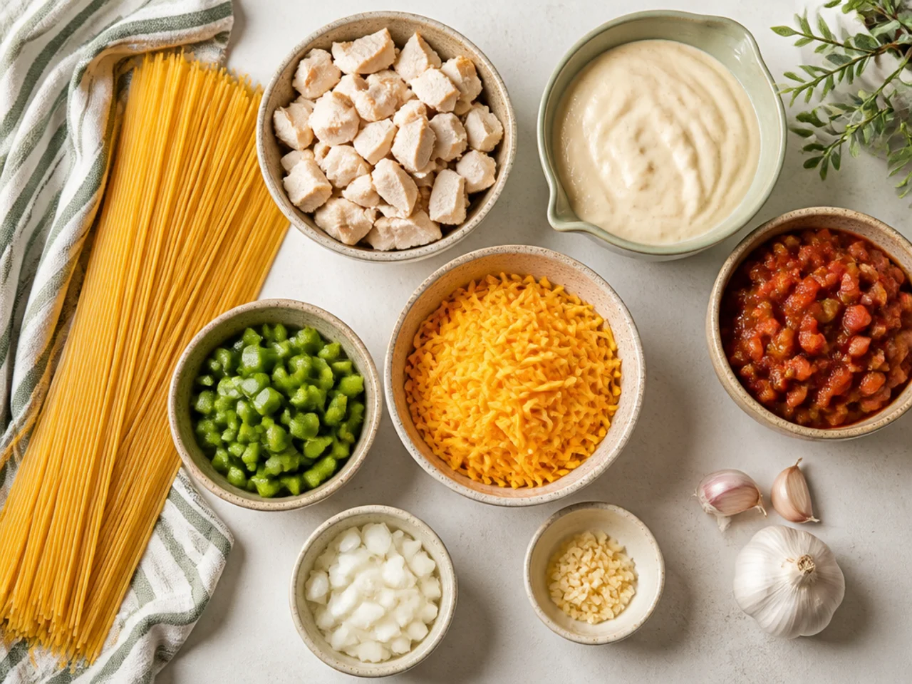 Fresh ingredients for chicken spaghetti arranged in bowls