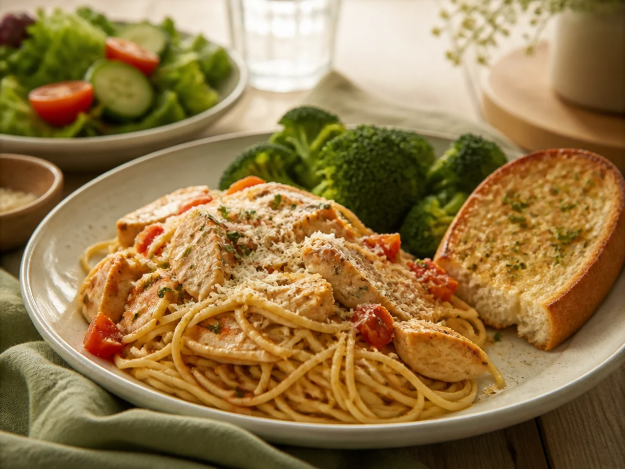 chicken spaghetti served with warm garlic bread, a green salad and steamed broccoli