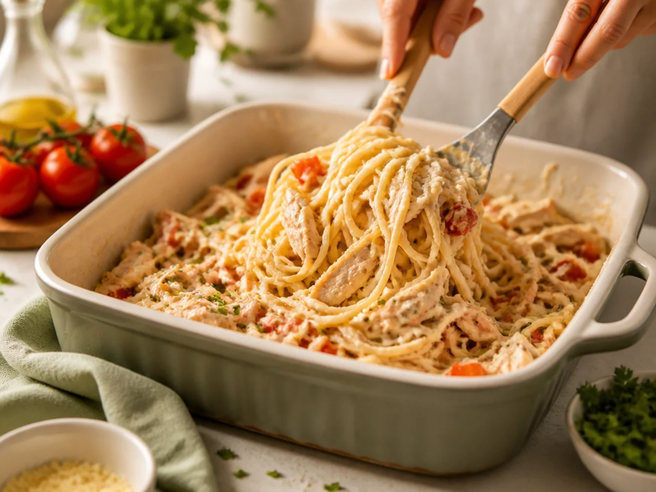 Step-by-step process shot for chicken spaghetti