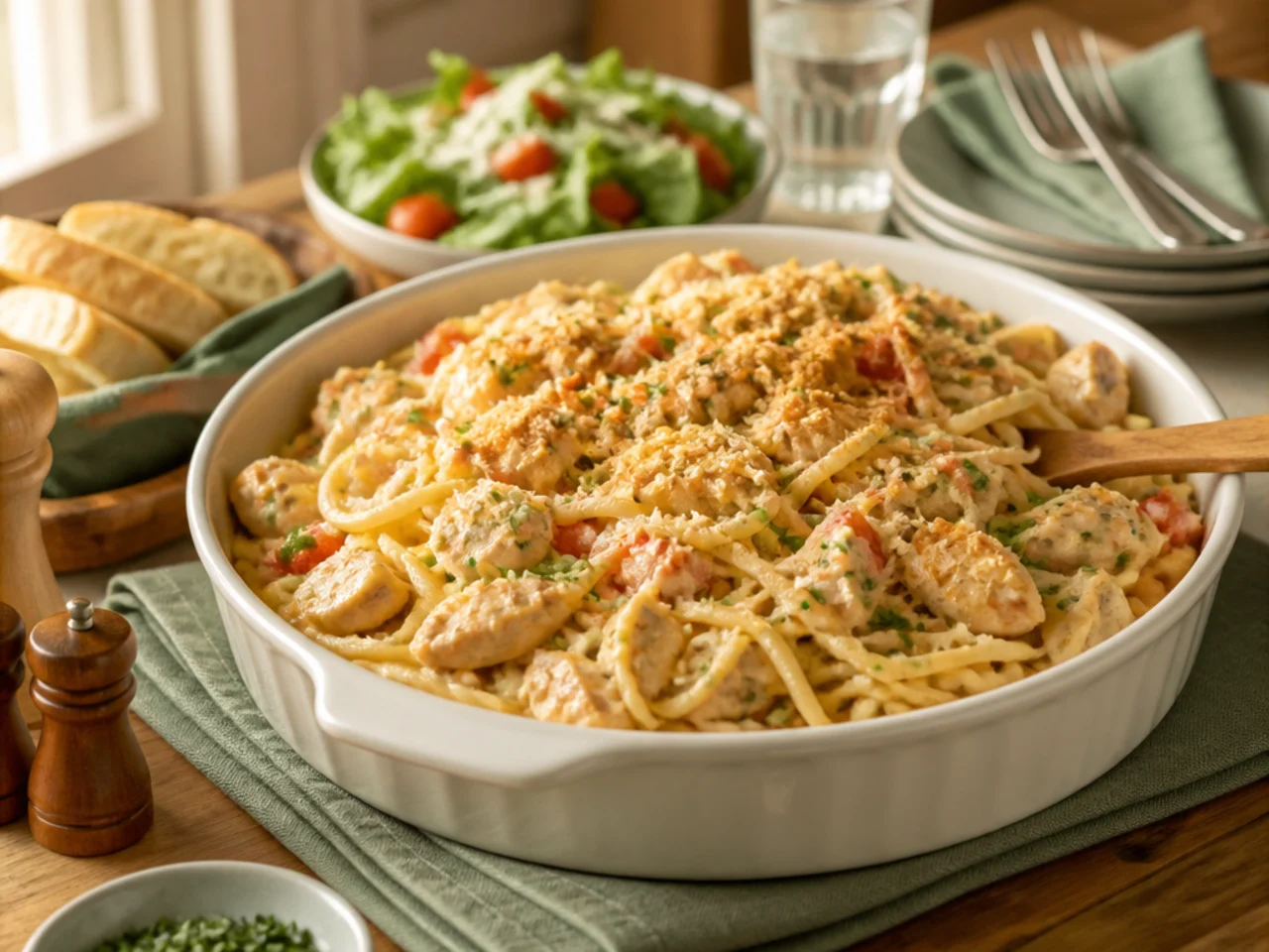 chicken spaghetti served family-style on a cozy table