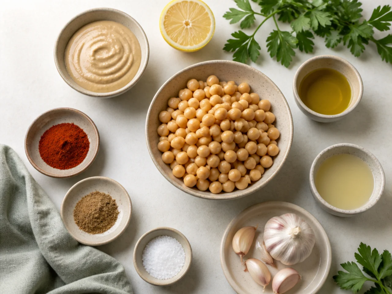 Fresh ingredients for hummus arranged in bowls