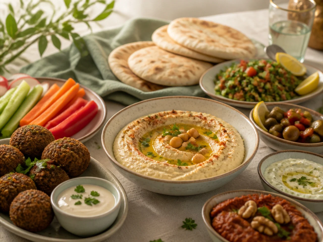 hummus served with warm pita, crunchy vegetables, falafel and a mezze platter