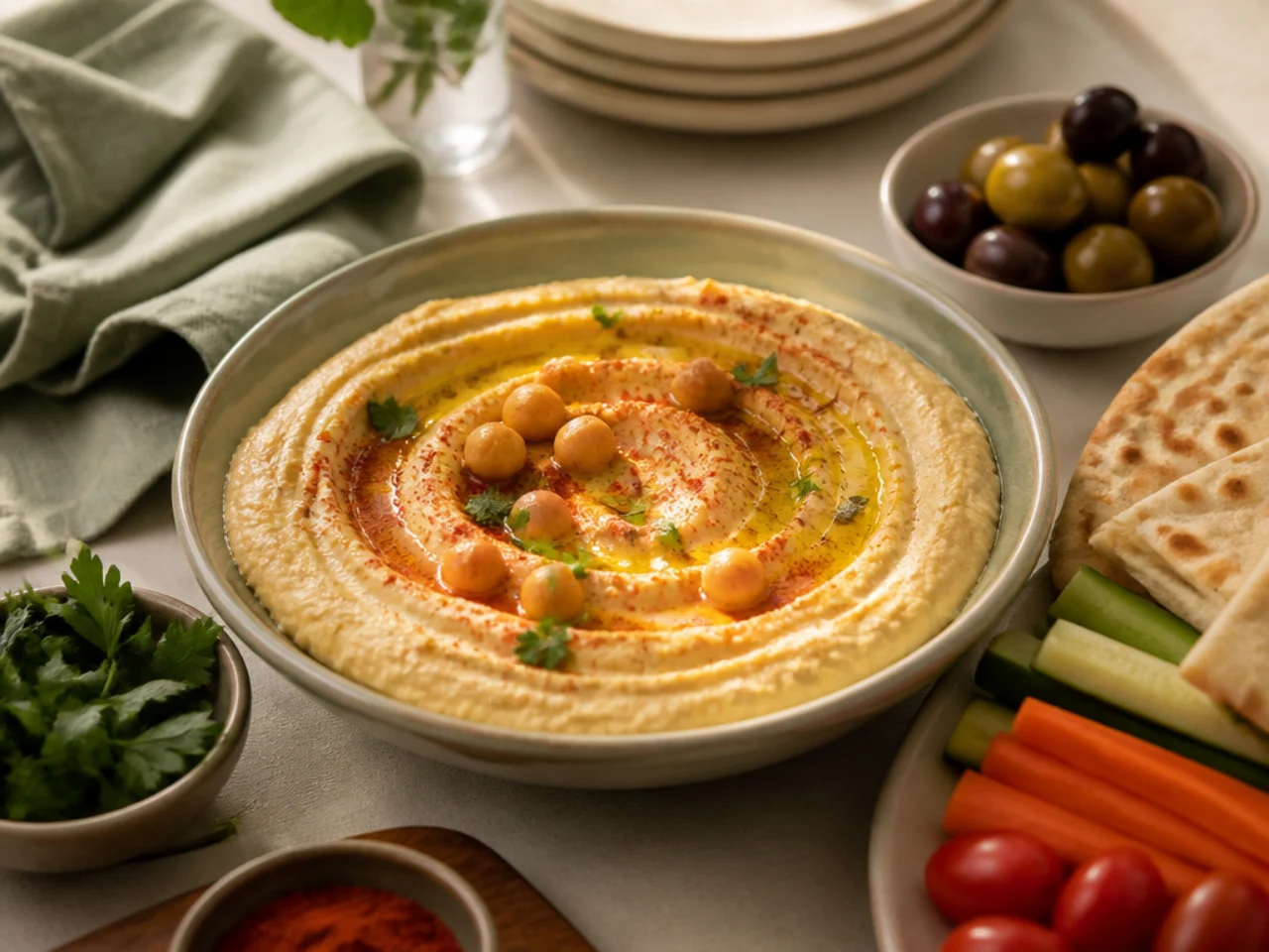 hummus served family-style on a cozy table