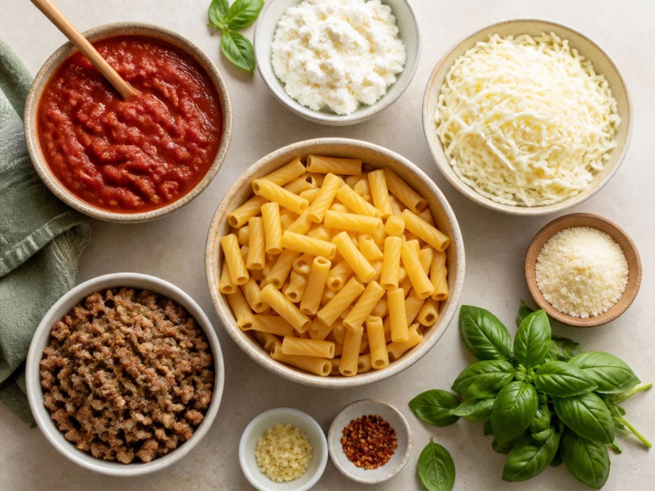 Fresh ingredients for baked ziti arranged in bowls
