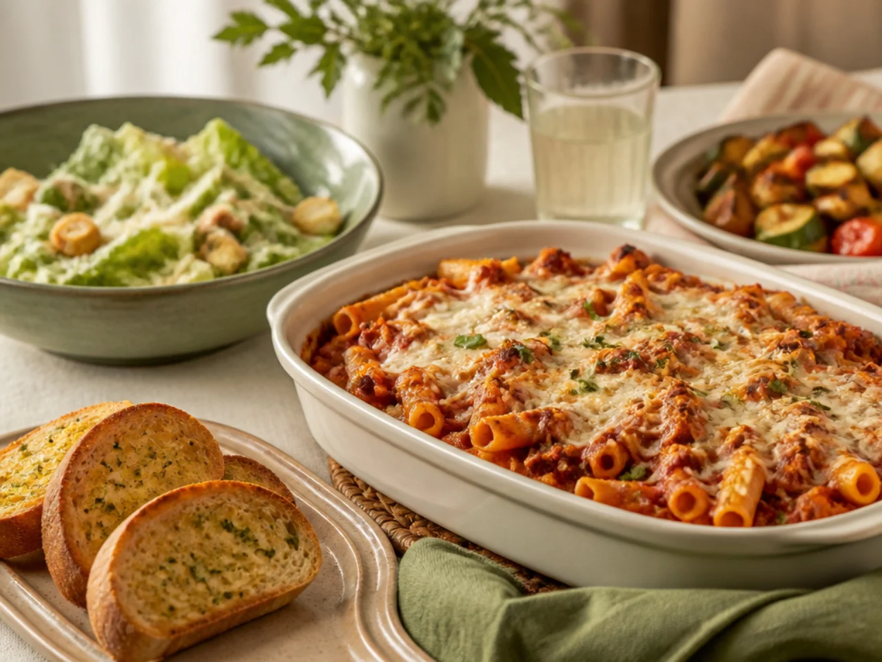 baked ziti served with warm garlic bread, a Caesar salad and roasted vegetables