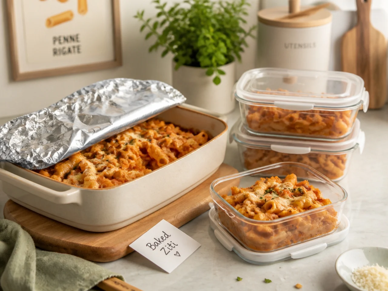 Make-ahead storage of baked ziti in containers