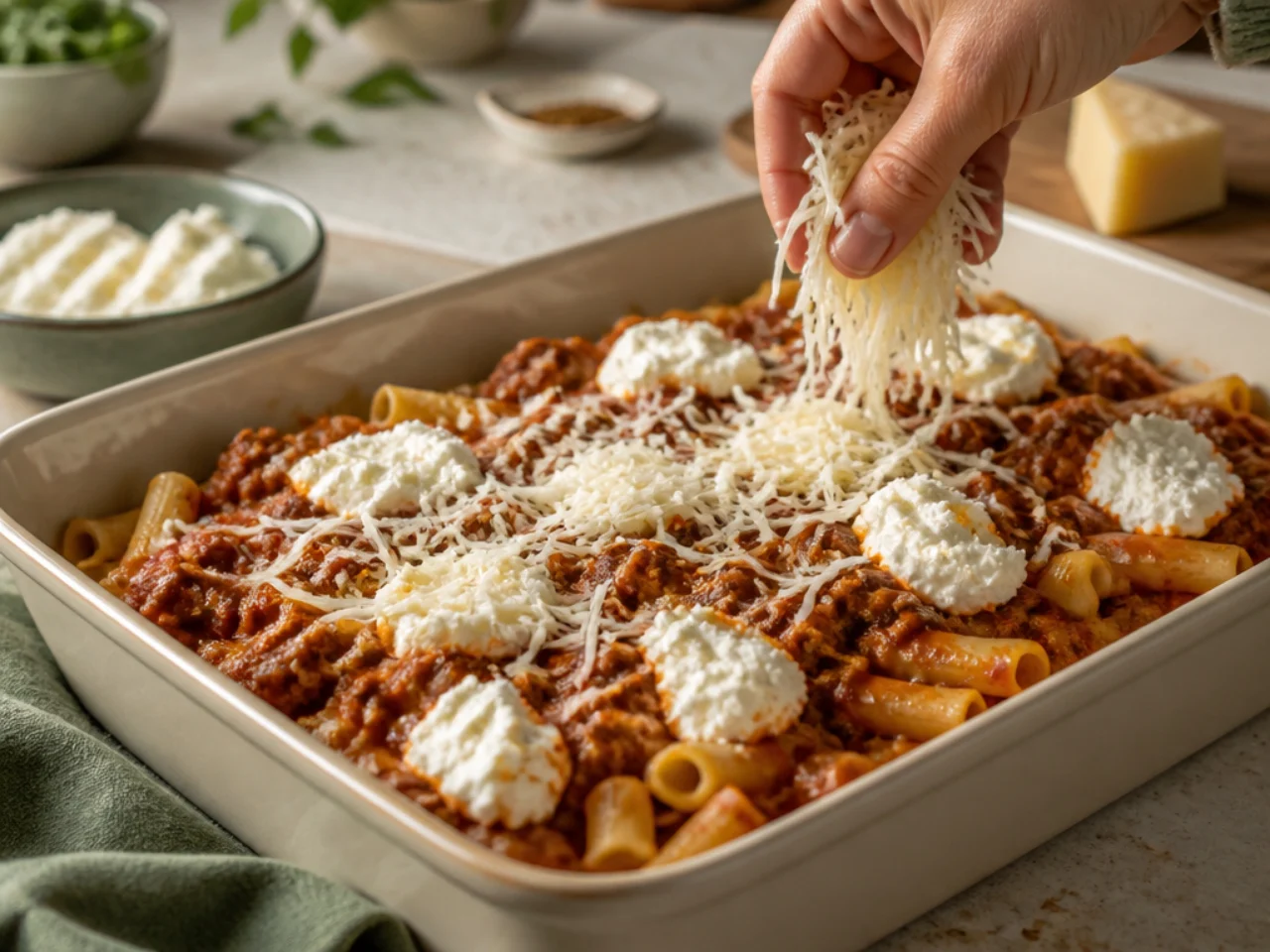 Step-by-step process shot for baked ziti