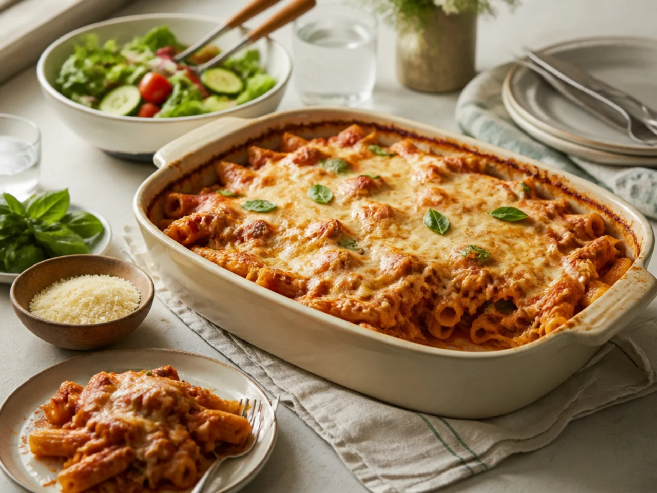 baked ziti served family-style on a cozy table