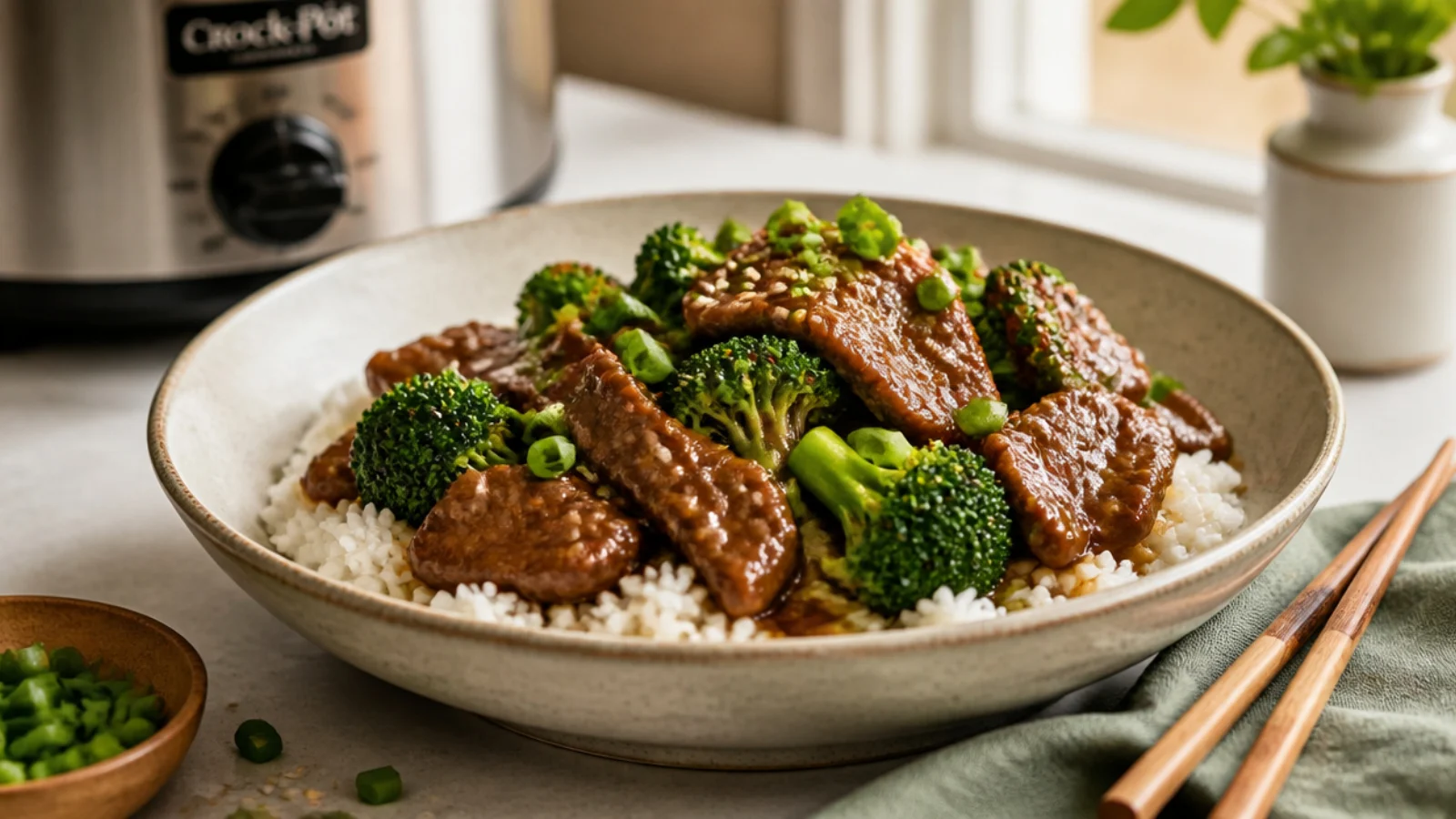Crockpot Beef and Broccoli Dinners to Set — beef and broccoli plated and ready to serve