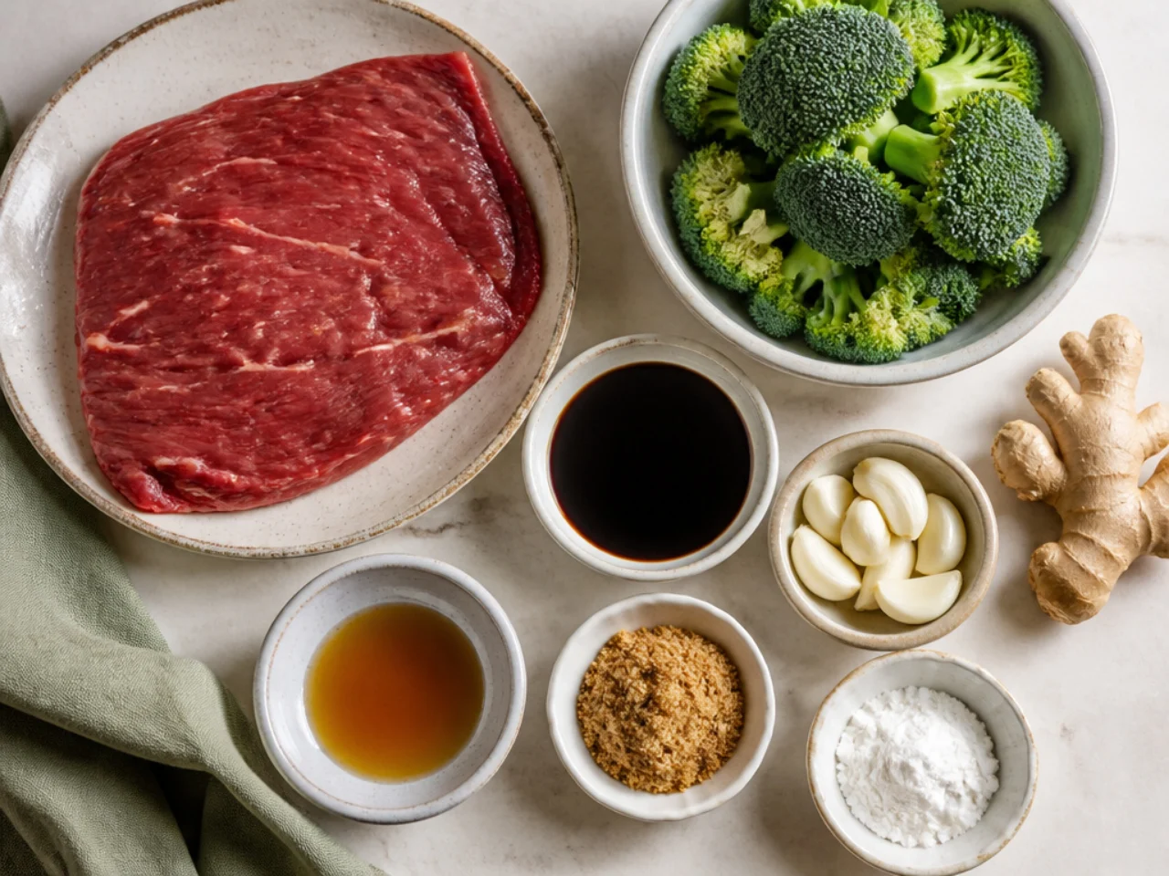 Fresh ingredients for beef and broccoli arranged in bowls