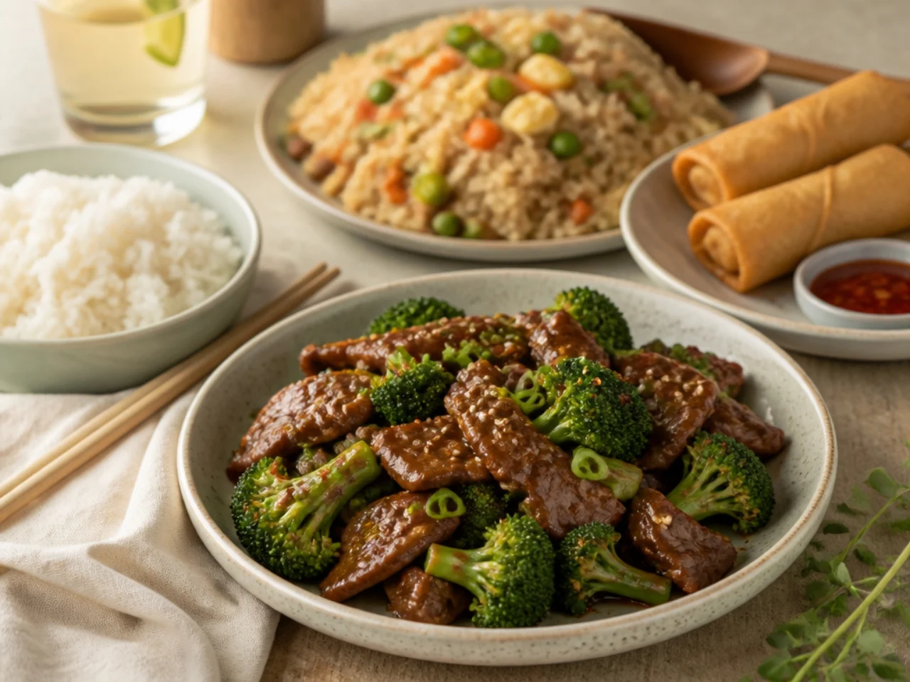 beef and broccoli served with steamed jasmine rice, fried rice, lo mein or egg rolls