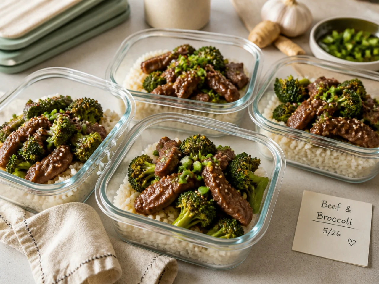 Make-ahead storage of beef and broccoli in containers