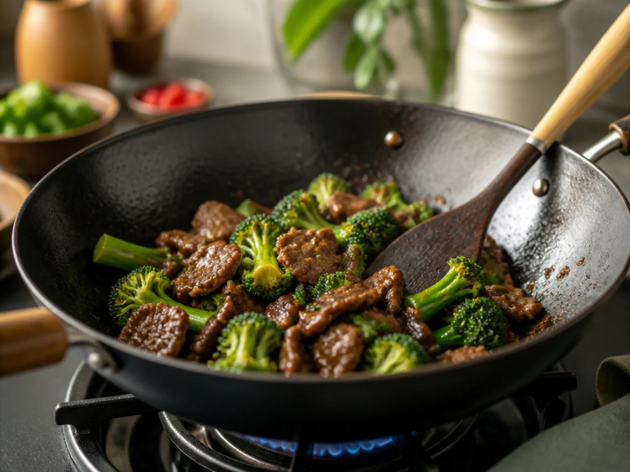 Step-by-step process shot for beef and broccoli