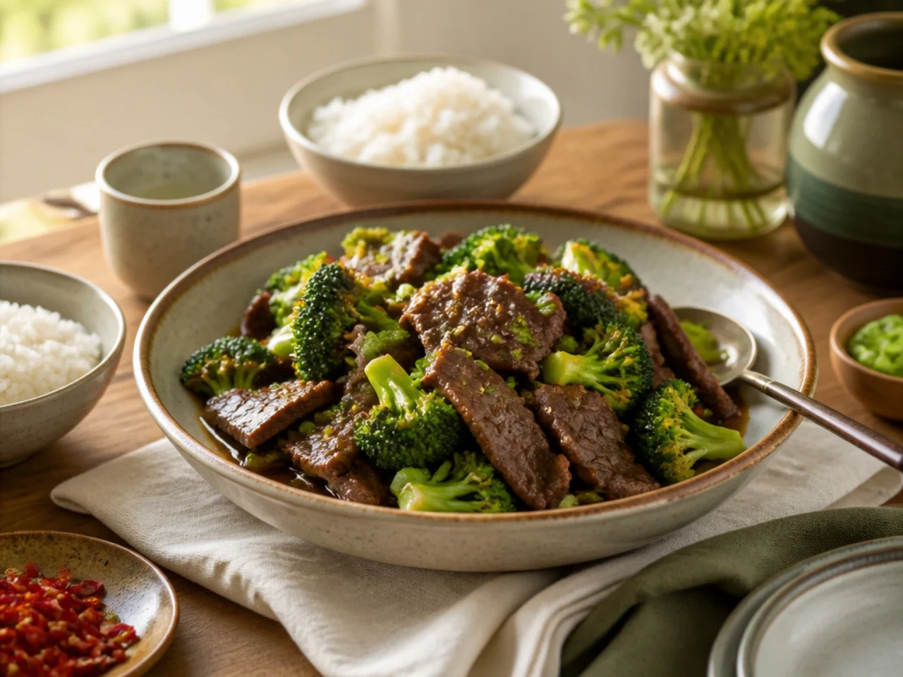 beef and broccoli served family-style on a cozy table