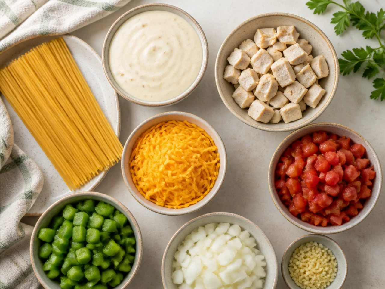 Fresh ingredients for chicken spaghetti arranged in bowls