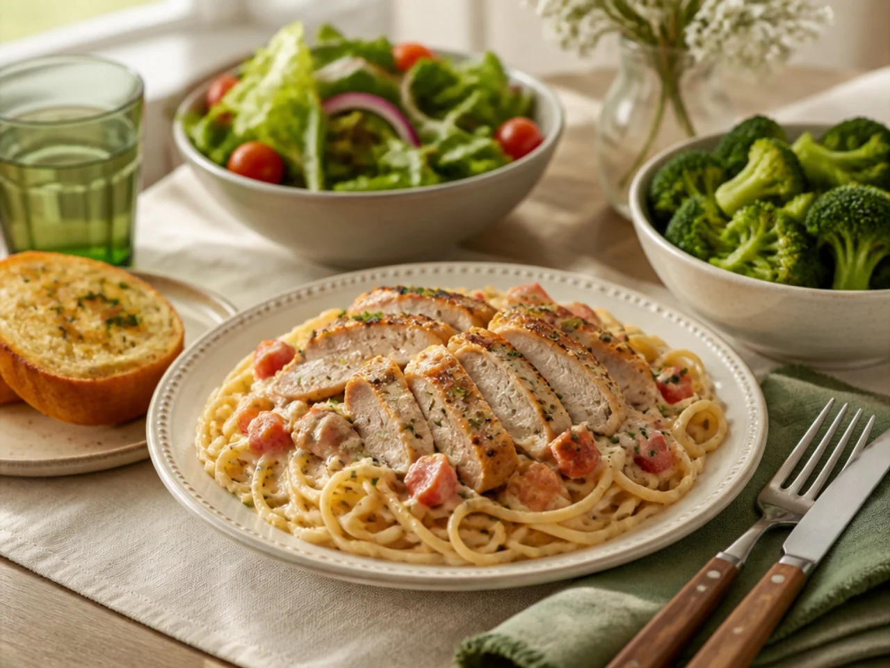 chicken spaghetti served with warm garlic bread, a green salad and steamed broccoli