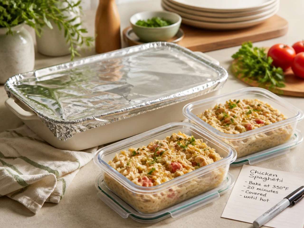 Make-ahead storage of chicken spaghetti in containers