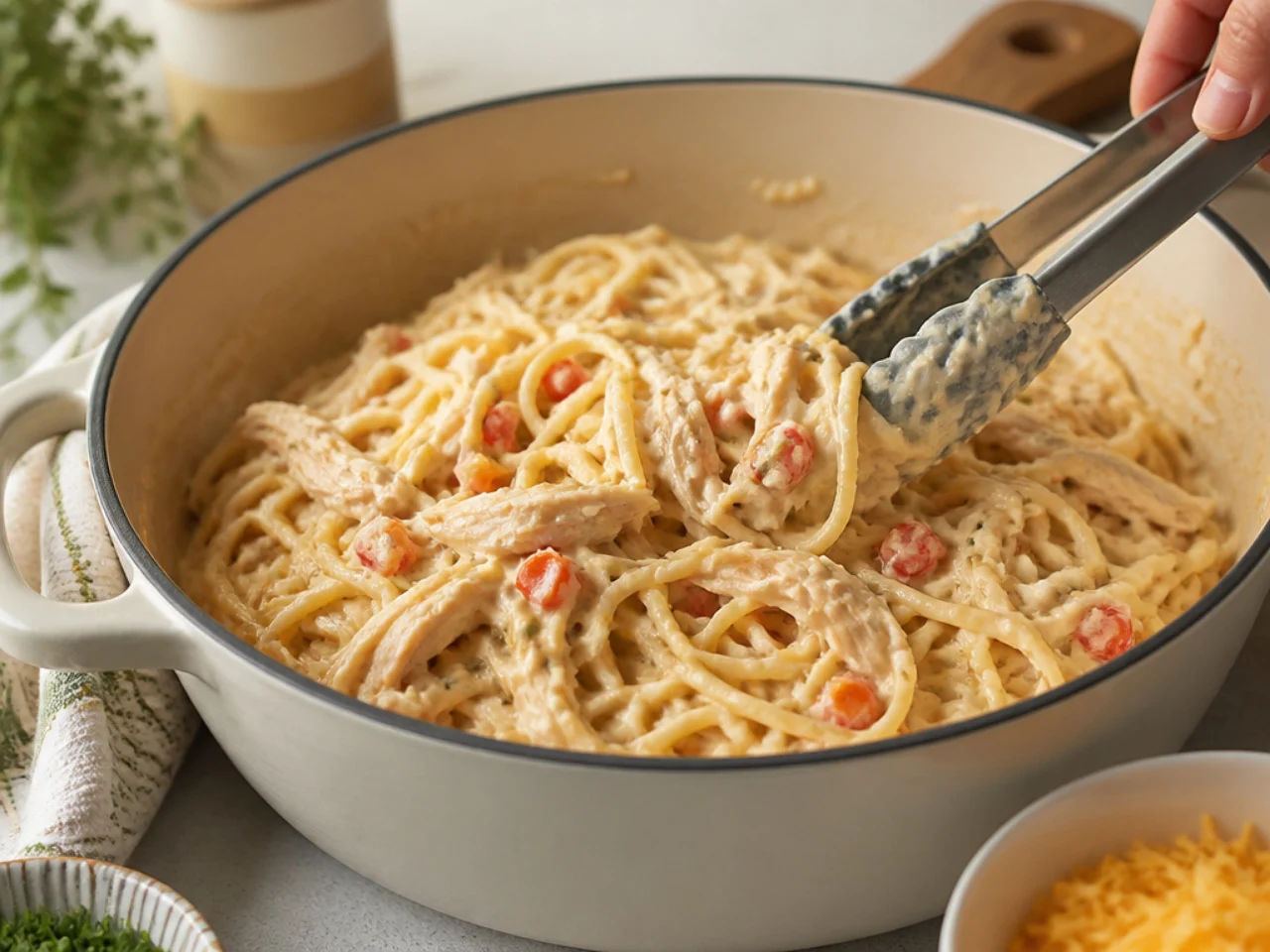 Step-by-step process shot for chicken spaghetti