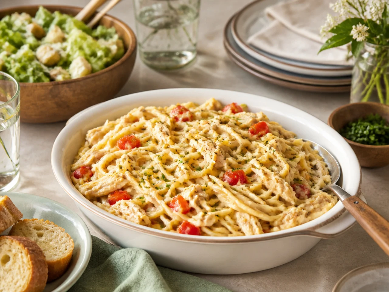 chicken spaghetti served family-style on a cozy table