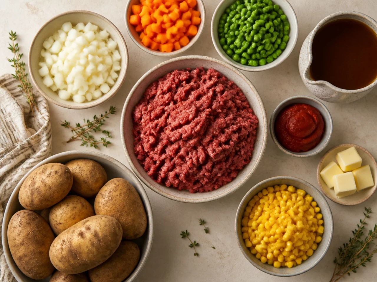 Fresh ingredients for shepherd's pie arranged in bowls