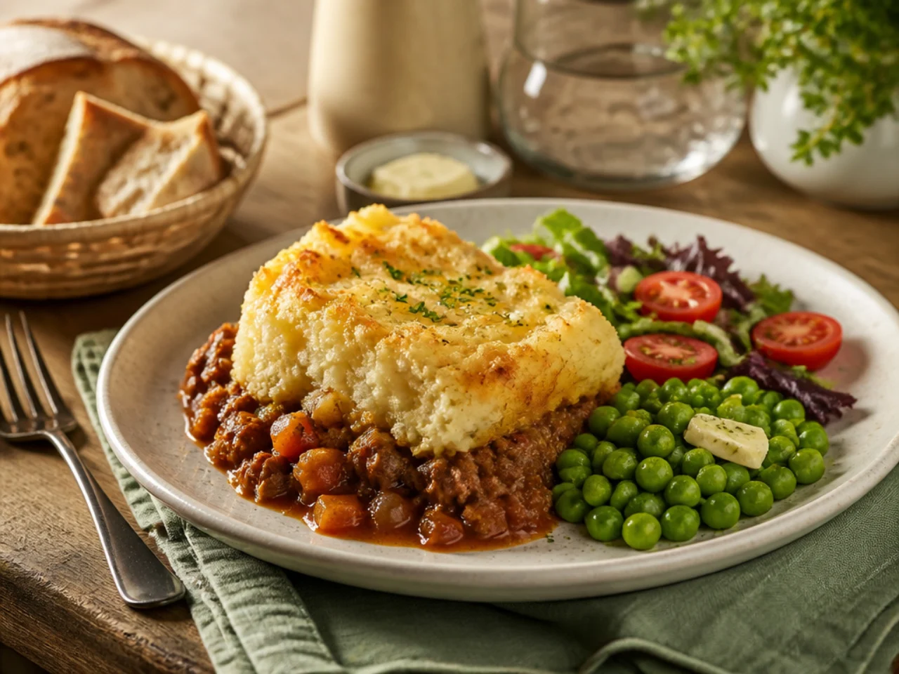 shepherd's pie served with crusty bread, buttered peas and a simple side salad