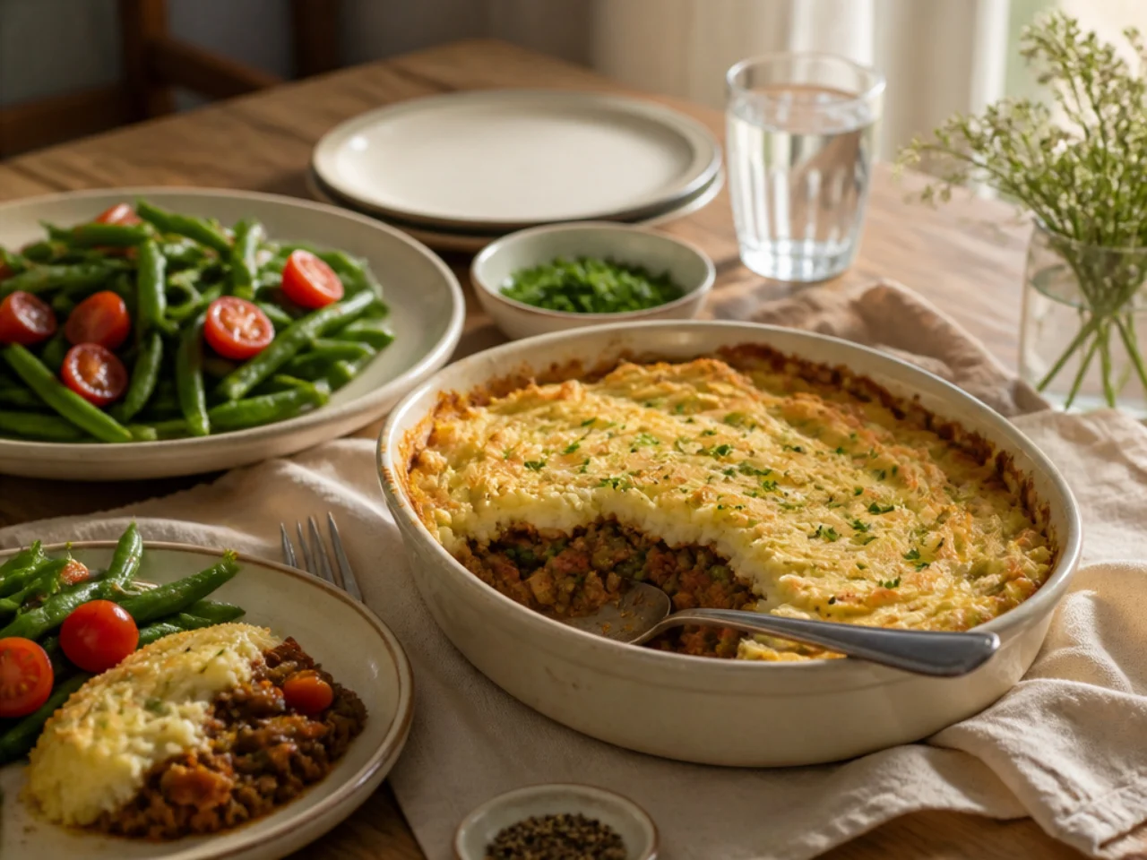 shepherd's pie served family-style on a cozy table