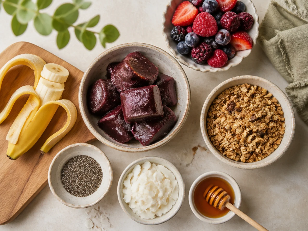 Fresh ingredients for acai bowl arranged in bowls