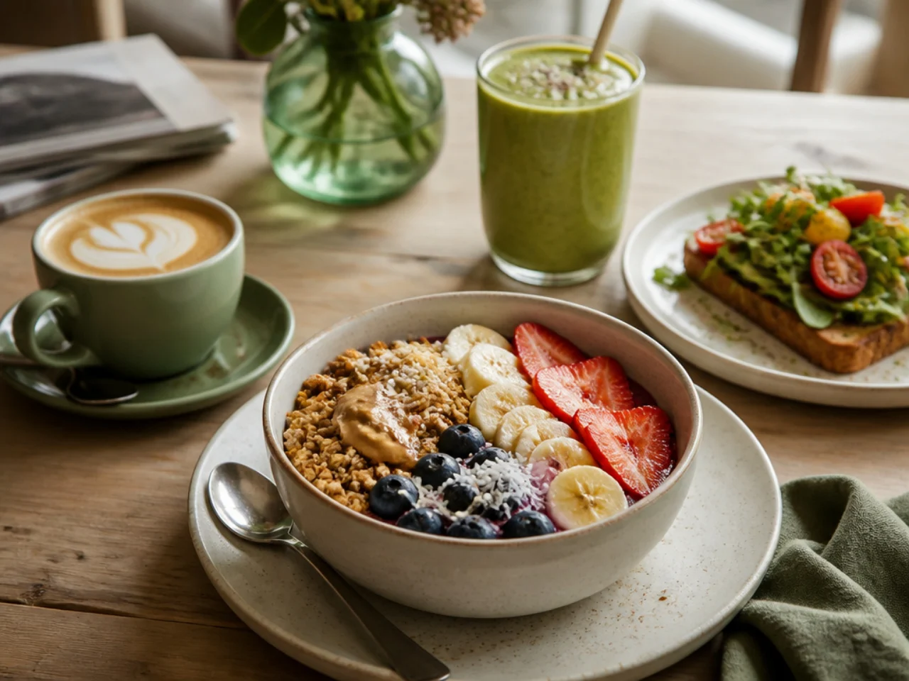 acai bowl served with fresh coffee, a green smoothie or whole-grain toast