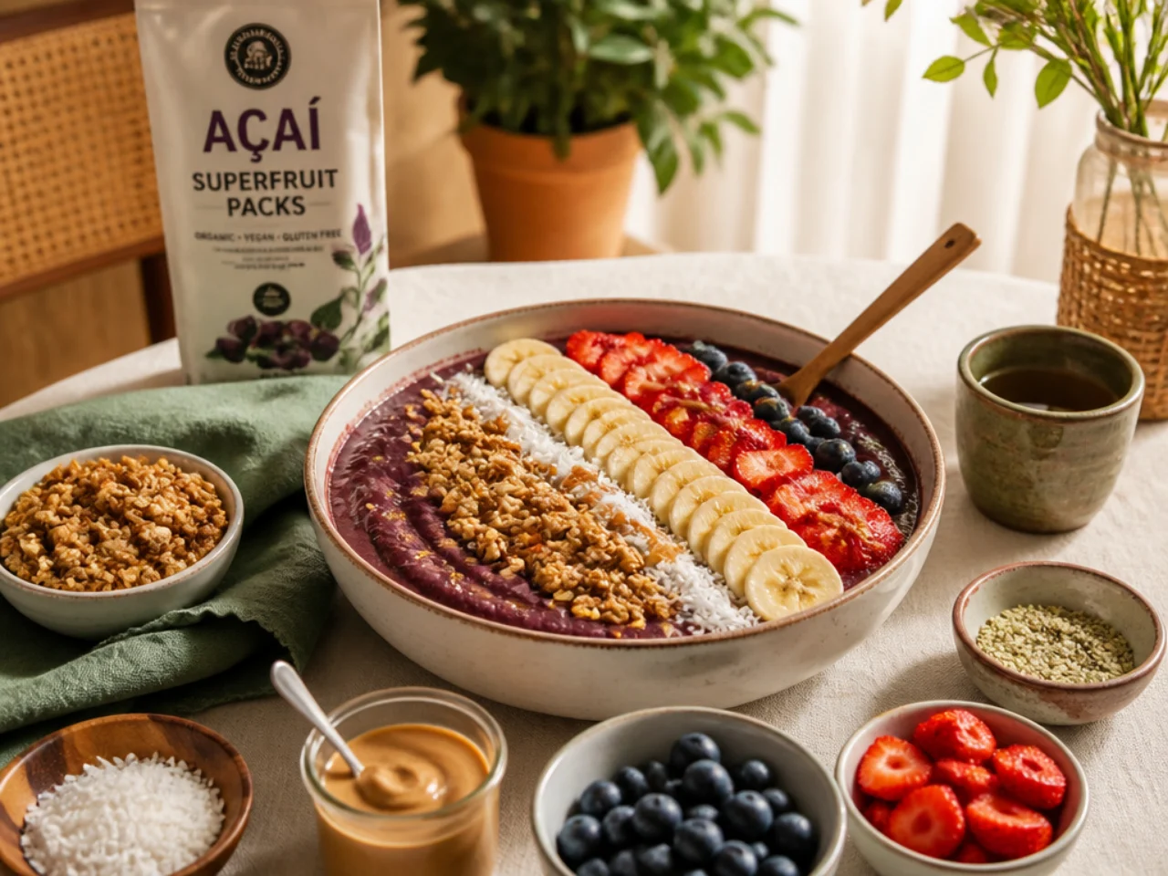 acai bowl served family-style on a cozy table