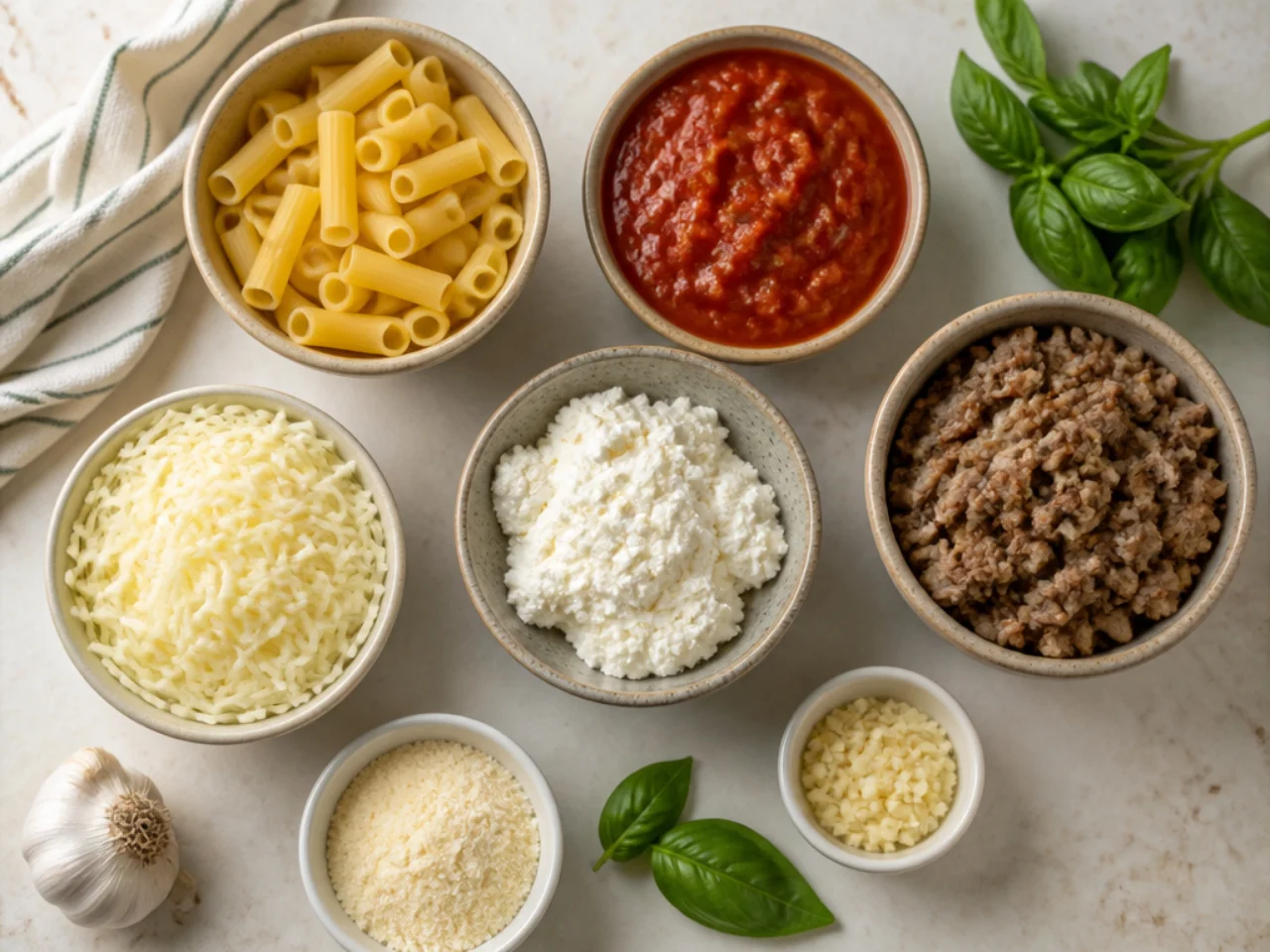Fresh ingredients for baked ziti arranged in bowls