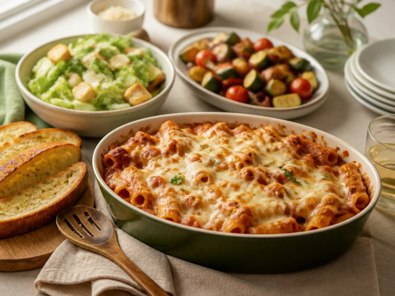 baked ziti served with warm garlic bread, a Caesar salad and roasted vegetables