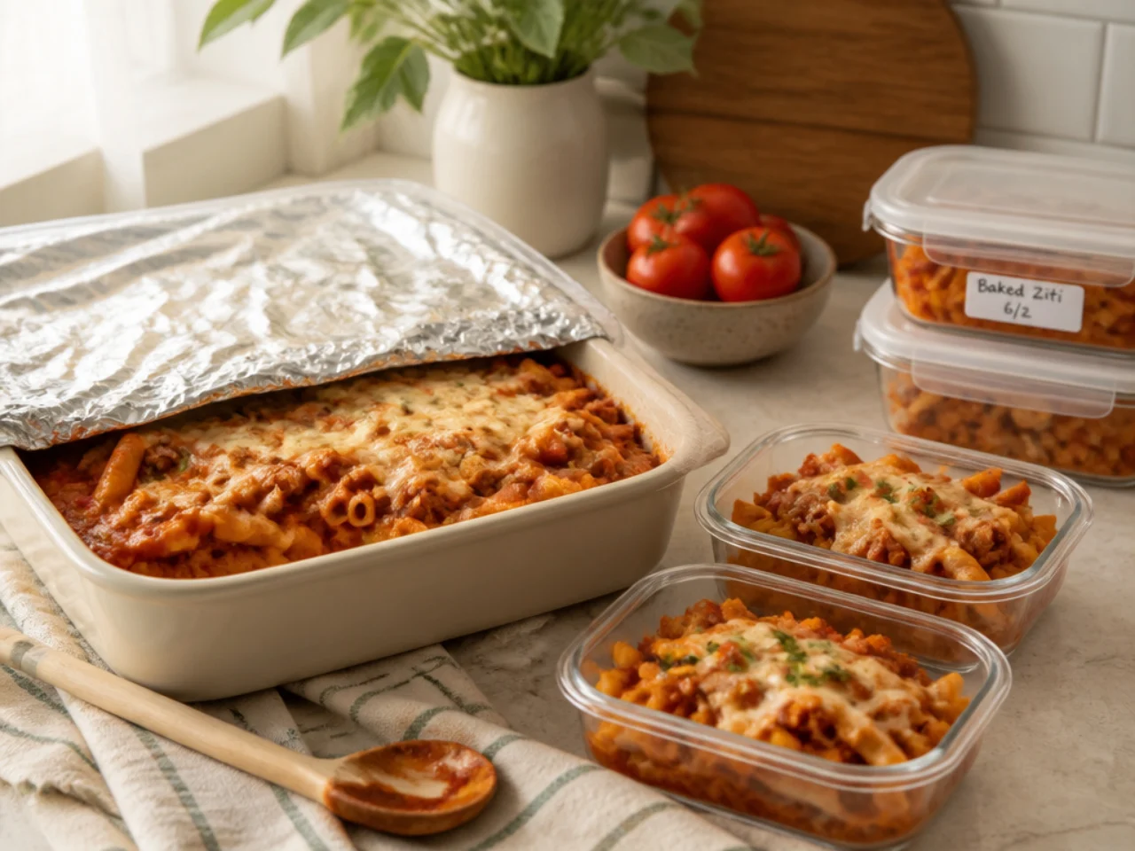 Make-ahead storage of baked ziti in containers