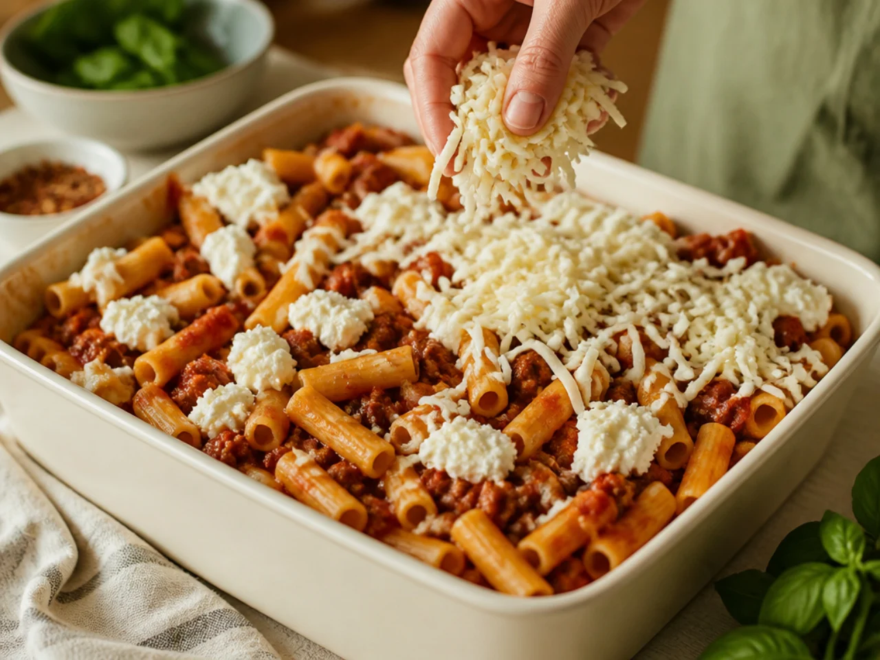 Step-by-step process shot for baked ziti