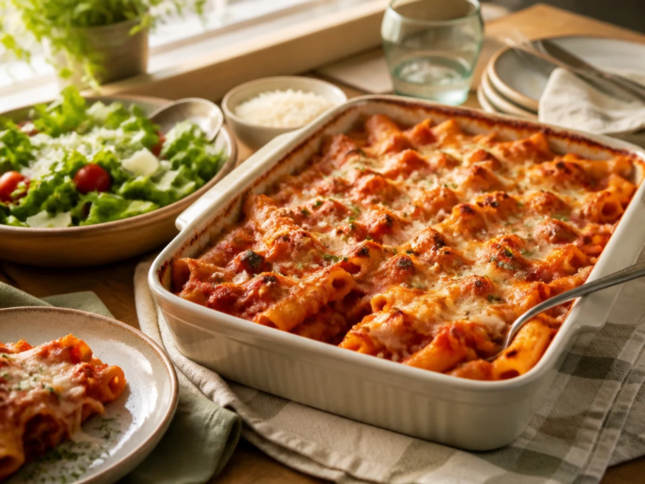 baked ziti served family-style on a cozy table