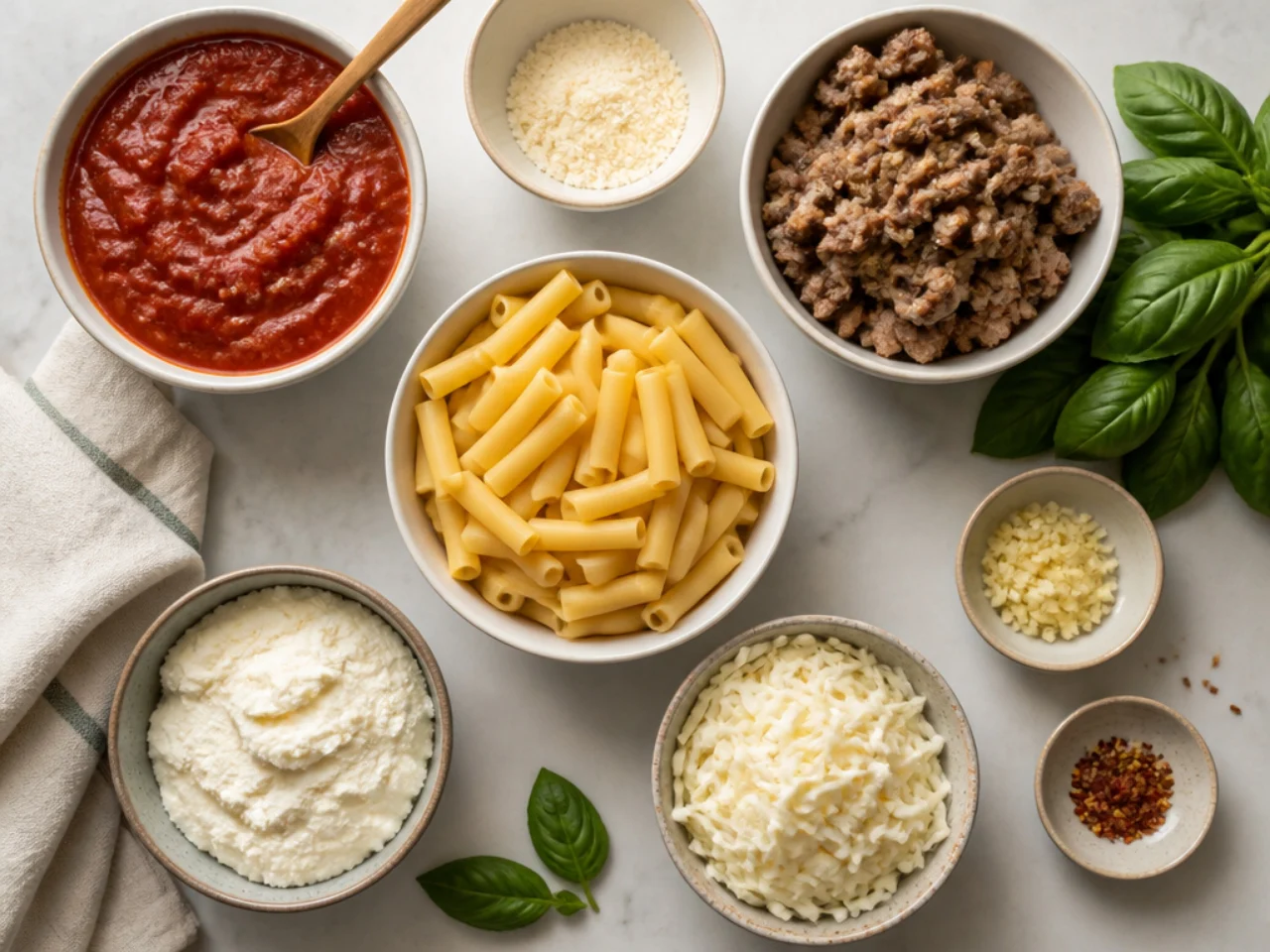 Fresh ingredients for baked ziti arranged in bowls
